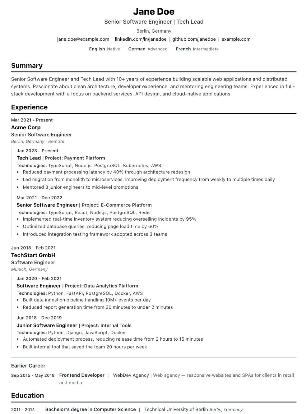 The PDF generated from the same Jane Doe data, laid out for print