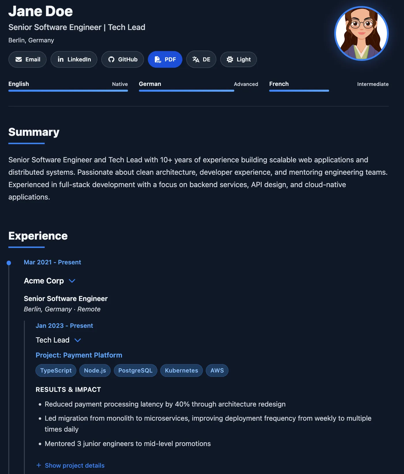 The CV site built from the sample Jane Doe data