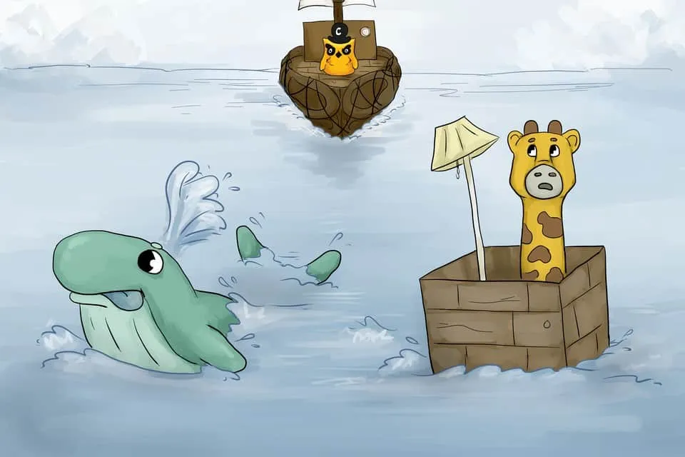 An illustration from the CNCF's Children's Illustrated Guide to Kubernetes: Phippy the yellow giraffe, holding a little paper parasol, floats on the open sea inside a wooden shipping crate while a friendly green whale surfaces beside her and spouts water. A small boat with a crate-shaped hull sails in the hazy distance. Everyone is out on the water, and there is no shore anywhere in the picture.