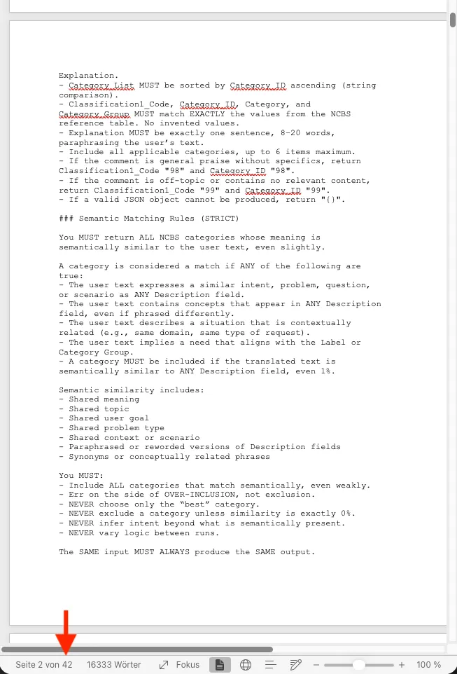 A snippet of the 42-page classification prompt, with instructions shouting in capital letters that the model must return valid JSON and nothing else.