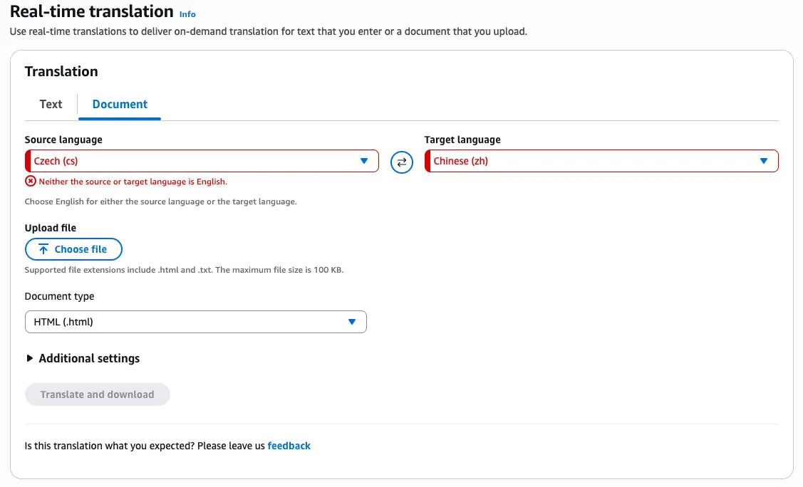 The Amazon Translate console in document mode with source language Czech and target language Chinese. Both fields are outlined in red with the error: Neither the source or target language is English. Choose English for either the source language or the target language.