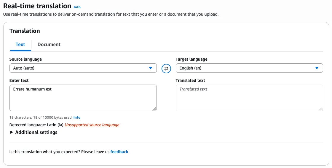 The Amazon Translate console in text mode, source language Auto, target English. The input is the Latin proverb Errare humanum est. Below the box it reads: Detected language: Latin (la), Unsupported source language.