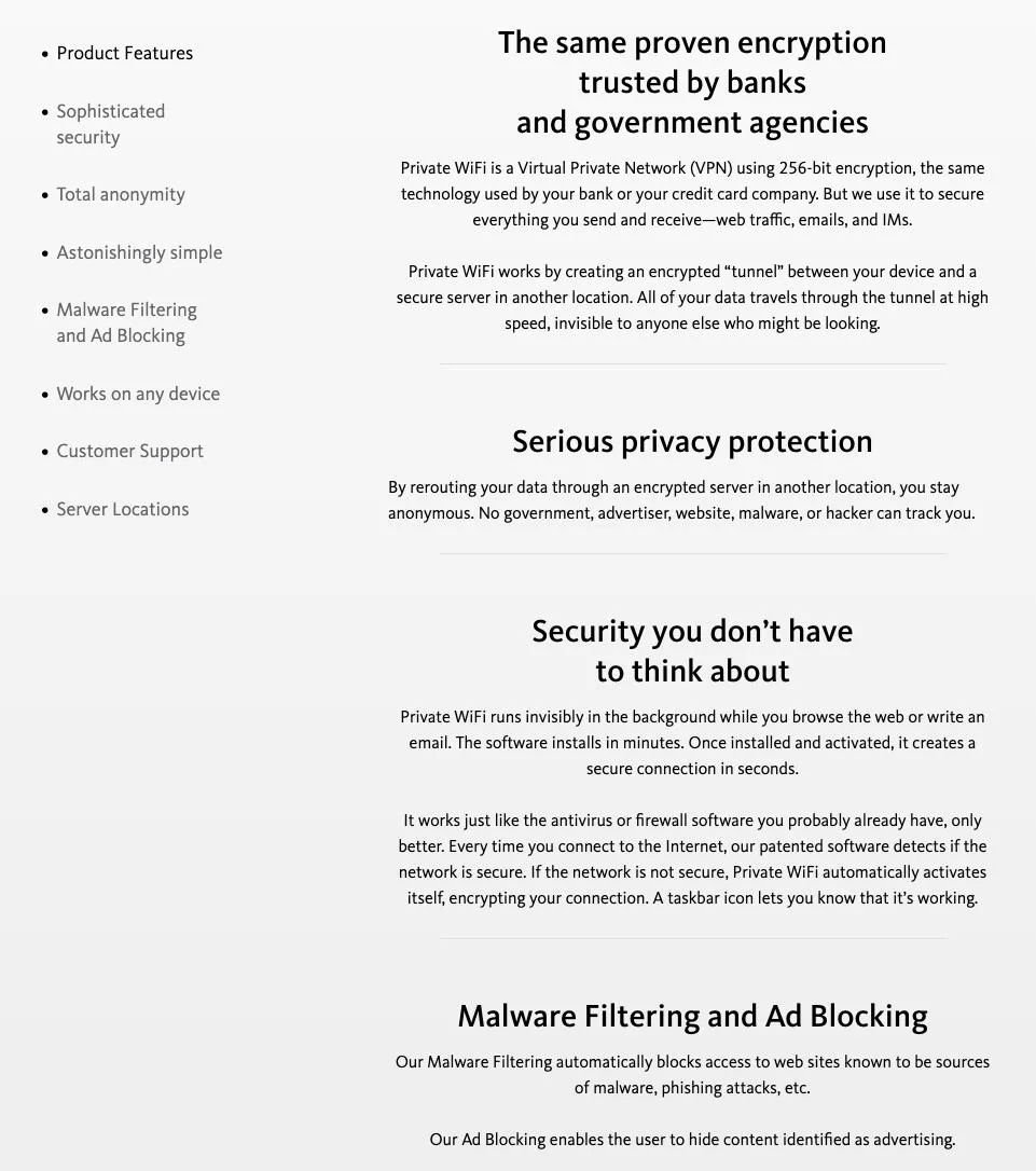 Archived PrivateWiFi marketing page, listing product features like sophisticated security, total anonymity, malware filtering and ad-blocking, and describing the service as a VPN using 256-bit encryption that reroutes your data through an encrypted server.
